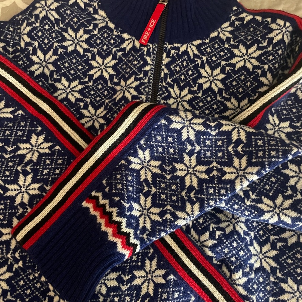 Bogner Blue and Red Zip Up Sweater with Nordic Patterns
